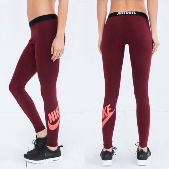 Nike Size Small Swoosh Maroon & Pink Compression Leggings - Picture 1 of 11
